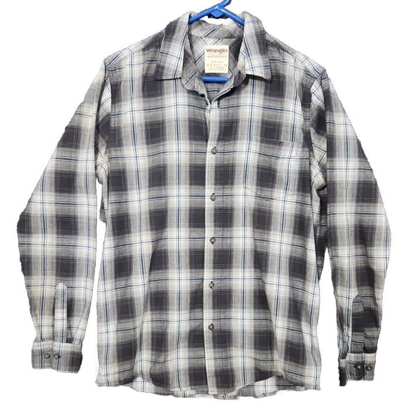 Wrangler Grey Black Blue Stripes Size Medium Western Button Down Shirt - Picture 1 of 12